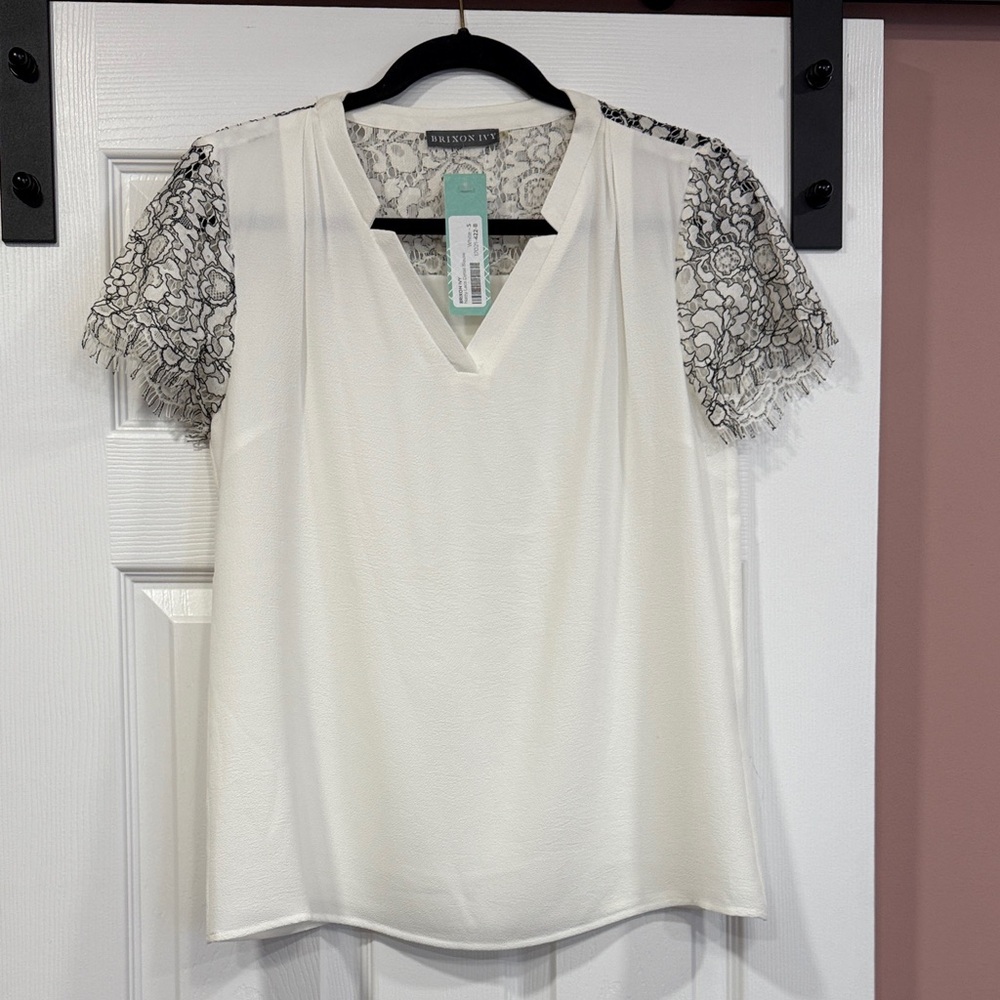 Brixon Ivy White Blouse with Black Lace Sleeves